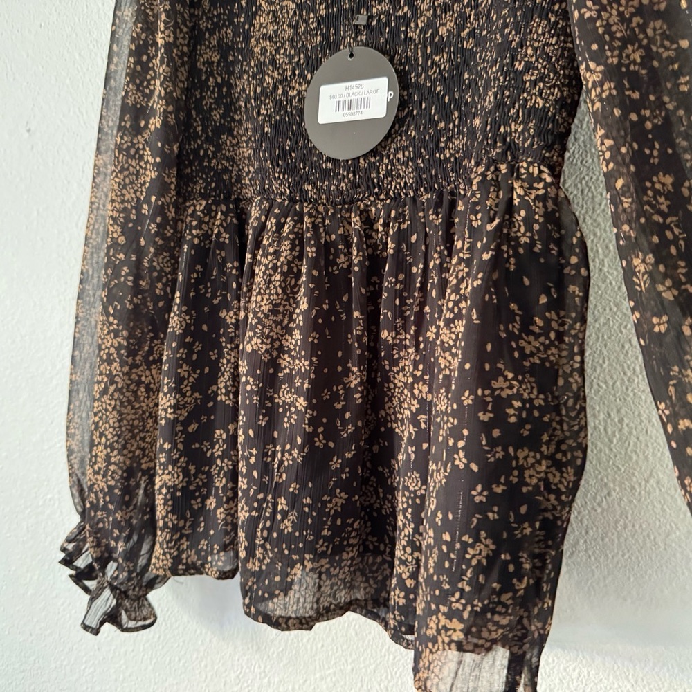 Mittoshop Floral Smocked Long Sleeve Black Tan Top Large Boho Cottagecore - Picture 5 of 16